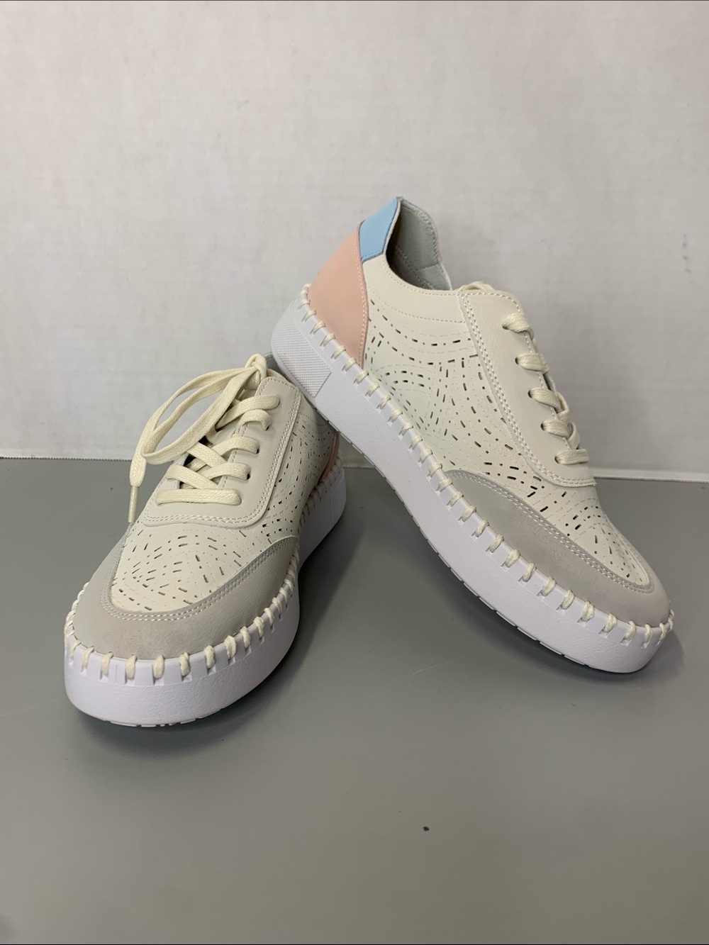 Project Cloud Cream Lace-Up Sneakers with Pastel Pink & Blue Heel Accents Size 7